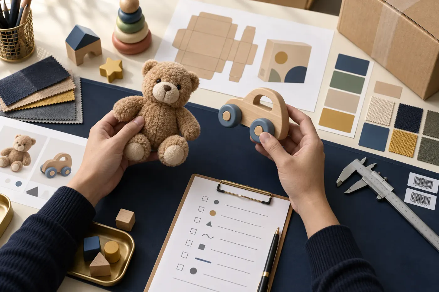 Editorial view of a toy sourcing specialist comparing samples, packaging and specifications